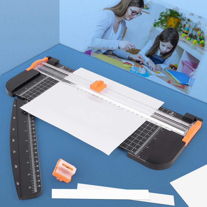 Portable Paper Cutter, 12.2 Inch Desktop A4 Paper Trimmer with Sliding Cutter Head, Side Ruler, and Safety Features for Crafting Photos, Cards, Office Supplies