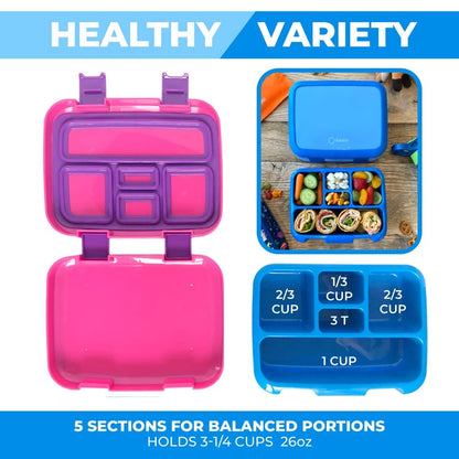 kinsho Bento Lunch Box for Kids Toddlers Boys Girls, 5 Portion Sections Secure Lid, Microwave Safe BPA Free Removable Tray, Pre-School Kid Daycare Lunches Snack Container, Blue & Pink Purple 2 Pack - color: Blue & Pink Bento 2 pack