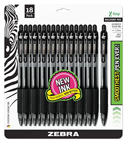 Zebra Pen Z-Grip Retractable Ballpoint Pen, Medium Point, 1.0mm, Black, (Case of 6 packs, 108 Count Total) - color: Black ZX