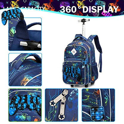 Meetbelify Rolling Backpack for Boys with Wheels Kids Travel Suitcase Laptop Luggage with Lunch Box Set for Boys Age 6-8 - color: 02 Game