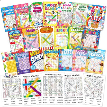 Elfew 20 Pack Bulk Small Word Search Puzzle Books for Kids Ages 4-8 8-10 | Over 2500+ Words, Answer Keys Included, Educational Vocabulary Activity Workbooks, Travel Screen Free Learning Games - style: 20 Word Search Book