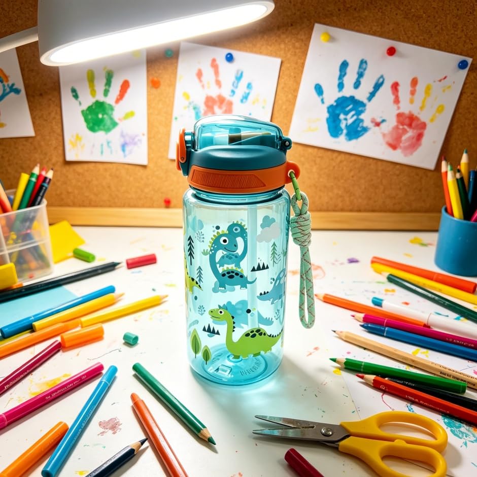 20oz Leak Proof Kids Water Bottle, Sturdy and drop-resistant, with Straw & Handle for School Travel, BPA Free, Dishwasher Safe (Dinosaur) - color: Dinosaur