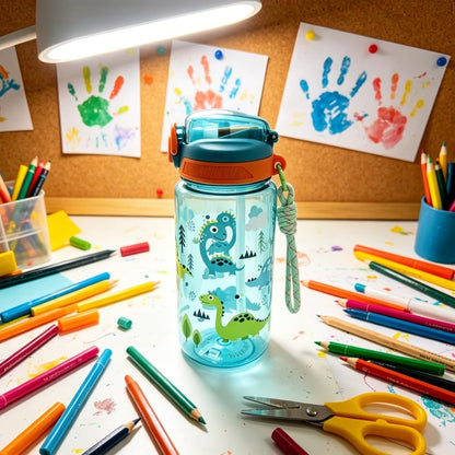 20oz Leak Proof Kids Water Bottle, Sturdy and drop-resistant, with Straw & Handle for School Travel, BPA Free, Dishwasher Safe (Dinosaur) - color: Dinosaur