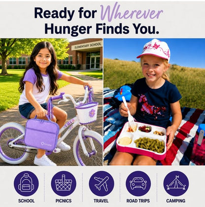 kinsho Lunch Boxes for Kids Girls Teens - Bento Box Set of 2 with Insulated Bag & Ice Pack, 6 Compartment Leak Proof Container, BPA-Free, Microwave Safe, Ideal for School & Work, Pink & Purple - color: Lilac + Pink