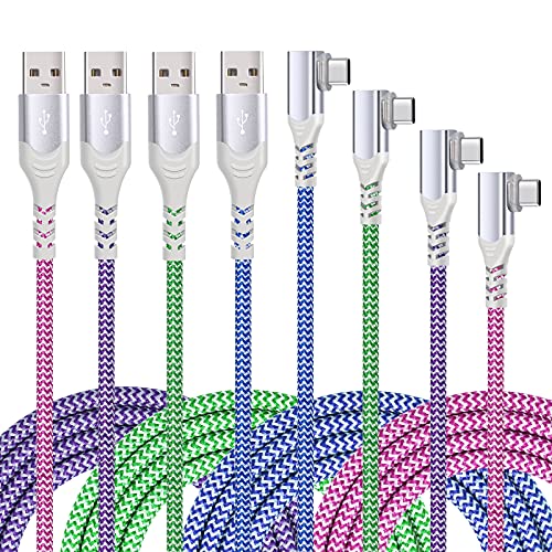 Eversame Right Angle Type C Cable(4-Pack 10FT), USB C Cable Nylon Braided Type C Charger Fast Charging Compatible with Samsung Galaxy S24 S23 S22 S21 S20 S8 S9 S10 Plus, Note 10+, iPhone 15 Pro Max - color: Blue Green Purple Pink