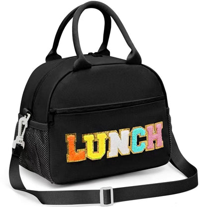 Lunch Bag for Girls and Women, Cute Preppy Lunch Bag with Chenille Letters, Insulated Large Capacity Lunch Tote with Detachable Strap for School, Work & Picnic, Black - color: Black