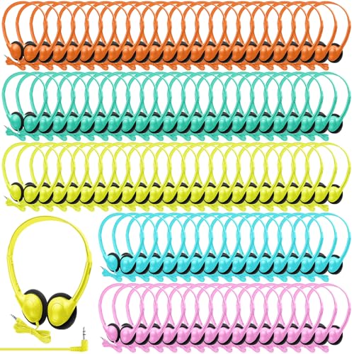 Hoteam 100 Pack Headphones for Classroom Bulk Students Adjustable Headphones Wired Pack Black Over the Head Earphones with 3.5 mm Plug for School Library Museums Charity Donate(Bright Colors) - color: Bright Colors, style: Classic