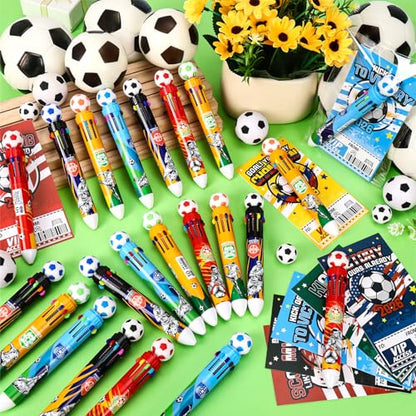 24 Set Soccer Party Favors Bulk Soccer Pens for Kids 10-in-1 Multicolor Pens with Cards Bags for Birthday Classroom Prizes Goodie Bags Stuffers Supplies - style: Soccer