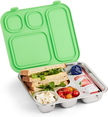Elk and Friends Kids Stainless Steel Bento Box with Silicone Lid | Leak-proof | Toddler Lunch Container | 4 Compartments | Dishwasher Safe - color: Green