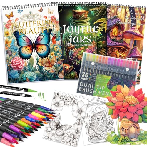 Coloring Books for Adults Relaxation, Stress Relief Coloring Book with 36 Dual Tip Markers, Spiral Coloring Book Set with 72 Patterns Include A1 & A1 & A1, Arts and Crafts Gift for Women