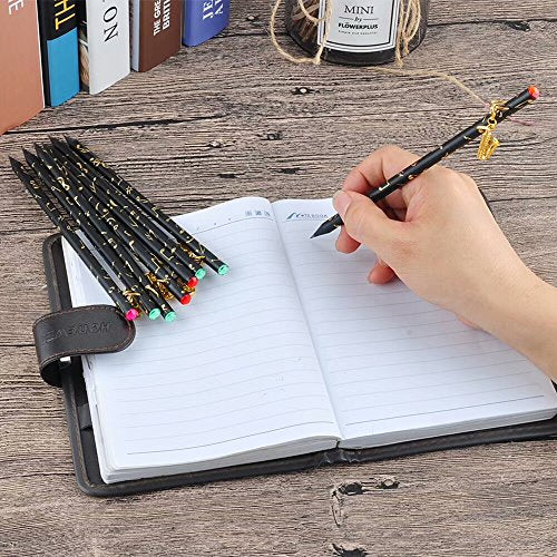PUNK Artist Pencil Music Note Pre-Sharpened Pencils Charcoal Pencil with Diamond Top & Beautiful Musical Instruments Gold Plated Pendant(8 Pcs)