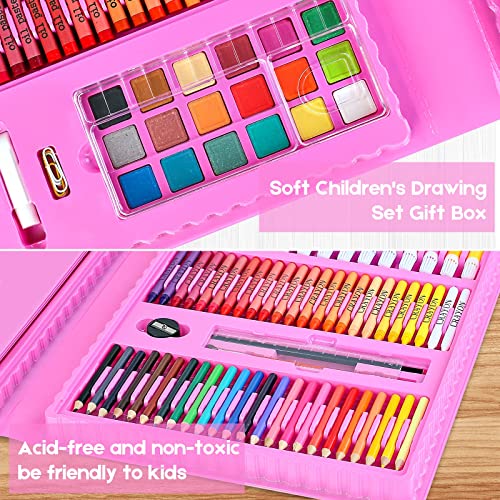 iBayam 251-Pack Art Supplies, Drawing Arts Kits for Kids Teens Adult - Travel Art Set Case with Double Sided Trifold Easel, Drawing Pad, Coloring Book, Scratch Paper, Gifts Idea for Girls Boys Artist - color: Pink