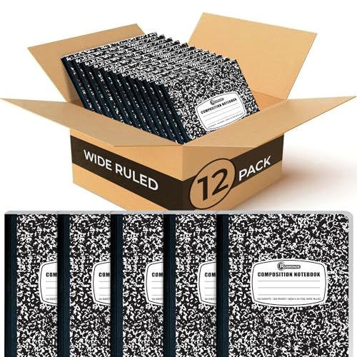 Rosmonde 12 Pack Composition Notebook Wide Ruled Bulk, 200 Pages (100 Sheets), 9-3/4 x 7-1/2", Hard Cover Wide Ruled Notebook Bulk, Black Marble Composition Notebooks, Bulk School Notebooks - size: 12 Pack, style: Black Marble