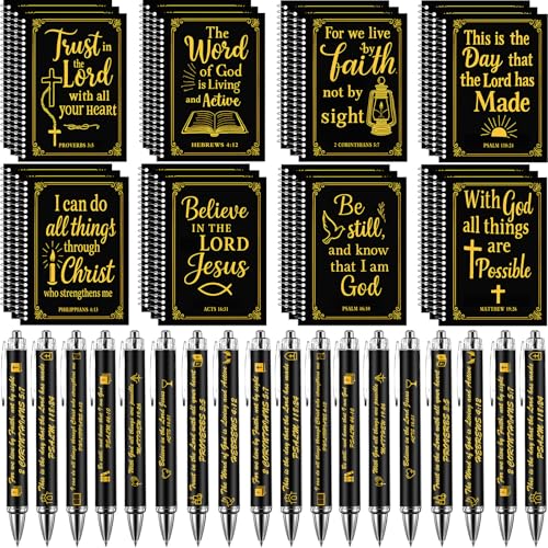 24 Sets Christian Notepads Bible Pens Sets Bulk - Classroom Office Church Religious Gifts - Spiral Thickened Bible Verse Notepad Pens for School Teacher Coworker (Gold Foiling Black) - style: Gold Foiling Black