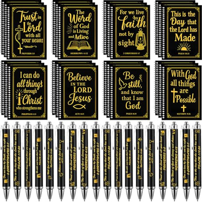 24 Sets Christian Notepads Bible Pens Sets Bulk - Classroom Office Church Religious Gifts - Spiral Thickened Bible Verse Notepad Pens for School Teacher Coworker (Gold Foiling Black) - style: Gold Foiling Black