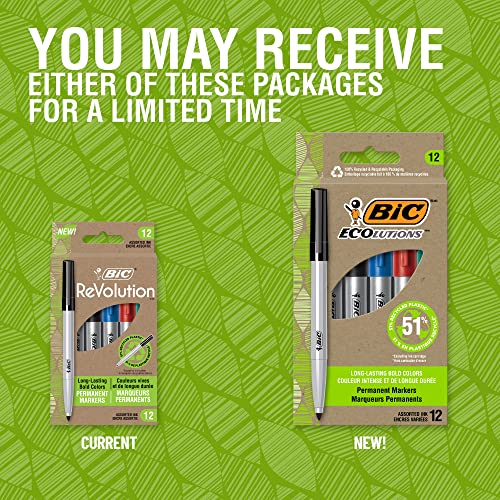 BIC Ecolutions Fine Permanent Markers, Fine Bullet Tip, 12-Count Pack of Assorted colours, Marker Set Made from 51% Recycled Plastic