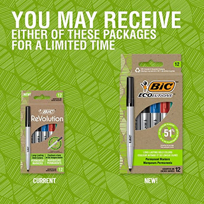 BIC Ecolutions Fine Permanent Markers, Fine Bullet Tip, 12-Count Pack of Assorted colours, Marker Set Made from 51% Recycled Plastic