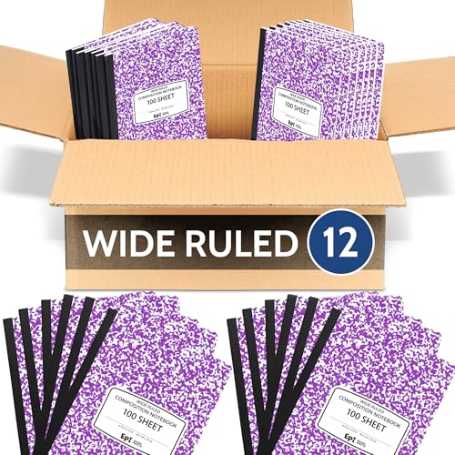 12 Pack - EPI Wide Ruled Marble Composition Notebook - Purple 200 Page Note Book - 9.75 x 7.5 Inch Hardcover Journal with Sewn Binding for Secure Pages - Classroom Back to School Supplies - color: Purple, size: 12