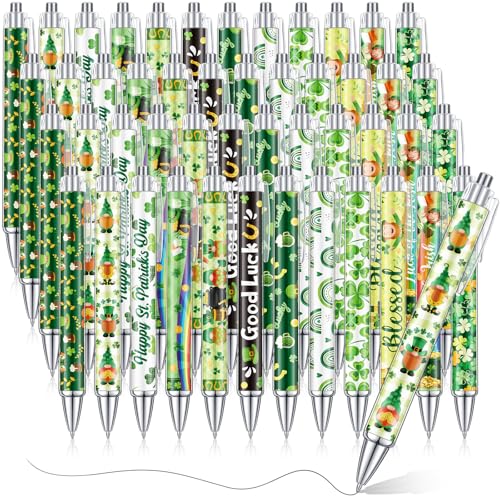 Cholemy 48 Pieces St. Patrick's Day Pens Bulk Lucky Shamrock Ballpoint Pen Retractable Irish Green Clover Black Ink for St. Patrick's Day Party Gift Supplies Favors - style: St. Patrick's