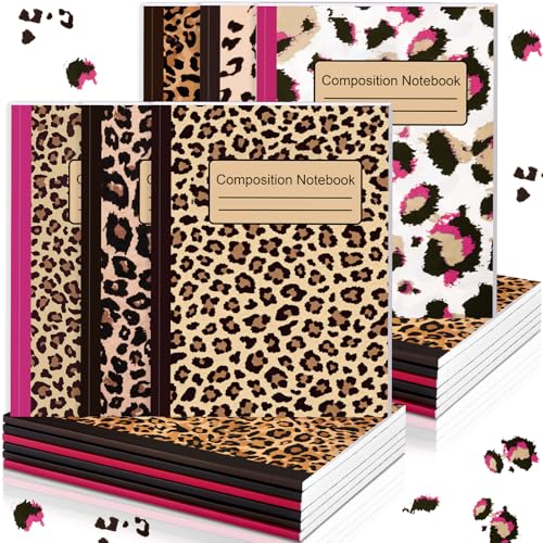 MotiMind 6 Pcs Leopard Print Composition Notebook College Ruled Back to School Cheetah Print Wide Ruled Composition Book 110 Page 7-1/2" x 9-3/4" Hot Pink Aesthetic Notebook for Teacher Class Office - style: Leopard Print