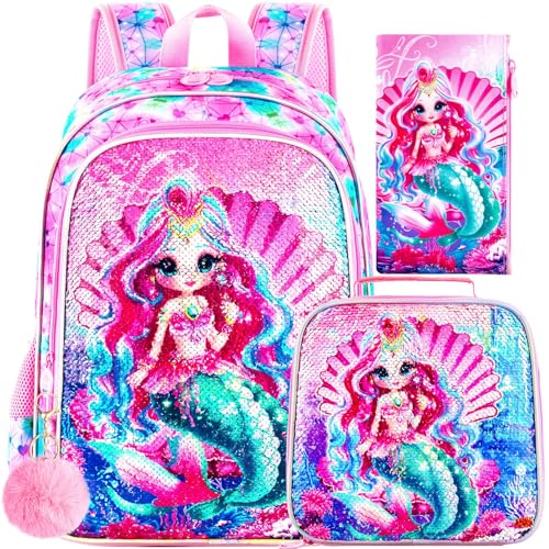 gxtvo 3PCS Girls Backpack, 16" Sequin Prechool Elementary Bookbag and Lunch Box - color: Bk Mermaid Pink New