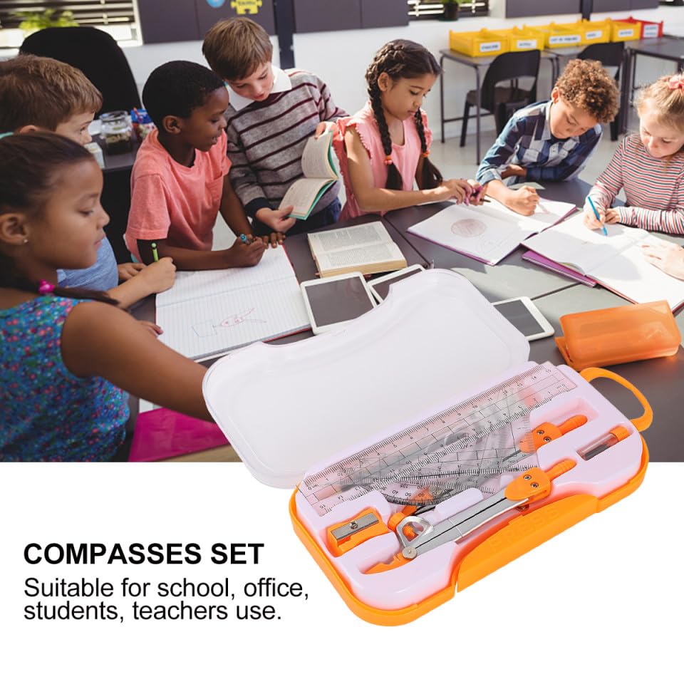 Uonlytech 1sets Student Geometry Math Set Metal Compass and Ruler Kit Eraser Sharpener and Storage Case for Drafting and Drawing for School and Office Use Random Color