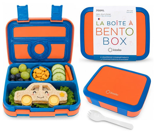 kinsho Bento Lunch Box for Kids Toddlers Boys, 5 Portion Sections Secure Lid, Microwave Safe BPA Free Removable Tray, Pre-School Kid Daycare Lunches Snack Container Ages 3 to 5, Blue Orange - color: Blue-Orange Bento