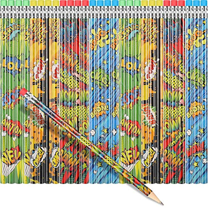 Fainne 72 Pieces Hero Cylinder Wood Pencils with Eraser, Snap Wham Pow Pencil 4 Patterns Assorted Pencil for Rewards, Party Favors, Goodie Bags, Gifts