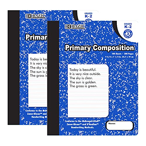 BAZIC PRODUCTS Primary Composition Notebook, Grades K-2, Marble, 2-Pack | 100 sheets (200 pages), 9.75 x 7.5 in, dashed mid-line primary ruling, Center-sewn - size: 2-Pack