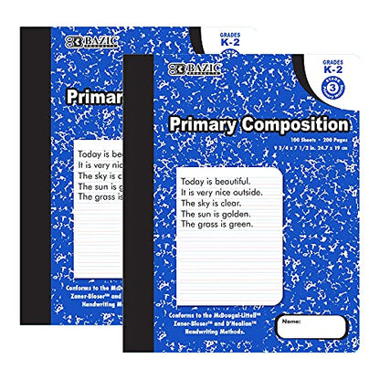BAZIC PRODUCTS Primary Composition Notebook, Grades K-2, Marble, 2-Pack | 100 sheets (200 pages), 9.75 x 7.5 in, dashed mid-line primary ruling, Center-sewn - size: 2-Pack