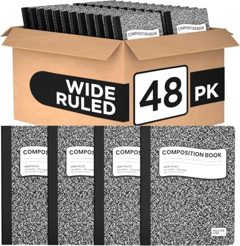 E-CLIPS USA Composition Notebooks Wide Ruled Composition Notebook Black Marble Composition Notebook 100 sheets 200 Pages (Black 48 Pack) - color: Black, size: 48 Pack