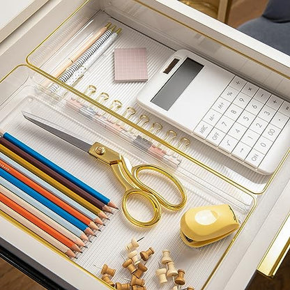 Martha Stewart Kerry Plastic Stackable Office Desk Drawer Organizers, 12" x 6", 3 Pack, with Gold Trim - size: 12" x 6"