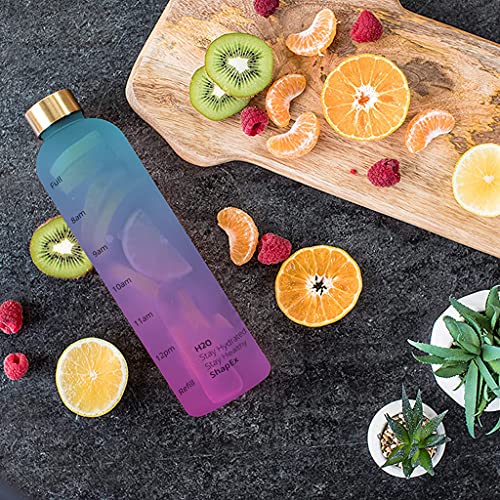 SHAPEX - Time Marked Cute Water Bottles For Women And Men With Times To Drink, BPA Free Frosted & Aesthetic Water Bottle With Time Marker, Clear Water Bottle 1 Liter | 32 Oz (Green Purple)