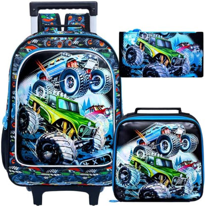 CCJPX 3PCS Truck Rolling Backpack for Boys, Kids Roller Wheels School Bookbag Set, Cars Travel Wheeled School Bag for Toddler Elementary Children-Blue - color: Green Truck