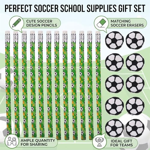 Zerodis 12 Pack Soccer Pencils Set, Football Theme Wooden HB Pencils Sports Party Favors with Erasers for Birthday Classroom School Supplies