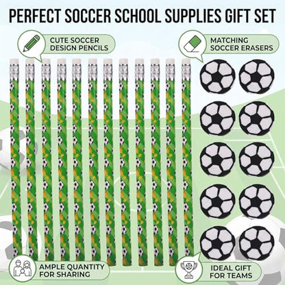 Zerodis 12 Pack Soccer Pencils Set, Football Theme Wooden HB Pencils Sports Party Favors with Erasers for Birthday Classroom School Supplies