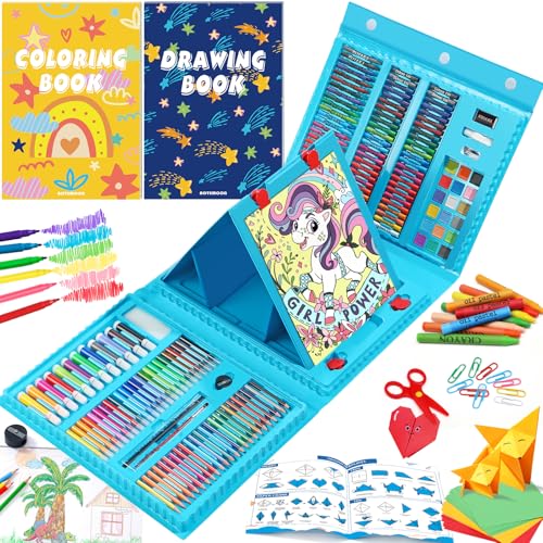 All in One Art Supplies with Drawing Kit, Origami & Paper-Cutting Crafts | Art Set with Easel, Colored Pencils, Crayons, Drawing & Coloring Book, Watercolor Markers and More for Kids Teens Girls Boys - color: Blue