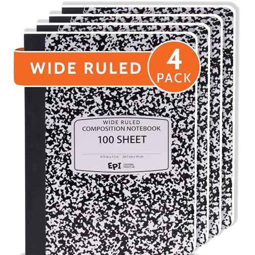 4 Pack - EPI Marble Hardcover Wide Ruled Composition Notebook | 200 Pages (100 Sheets), 9.75 x 7.5 in, Sturdy Sewn Binding | School, Office, Journaling, Notes - size: Pack of 4, style: Wide Ruled