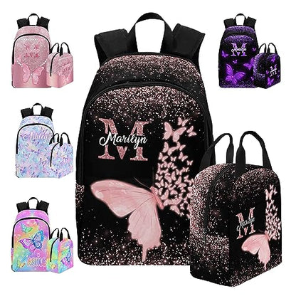 MyPupSocks Custom Backpack for Girls, Personalized Girls Backpack Butterfly Casual Schoolbag Monogram with Initial Name for Kids Customized Kids Bookbag for Back to School - color: Multi 00-1