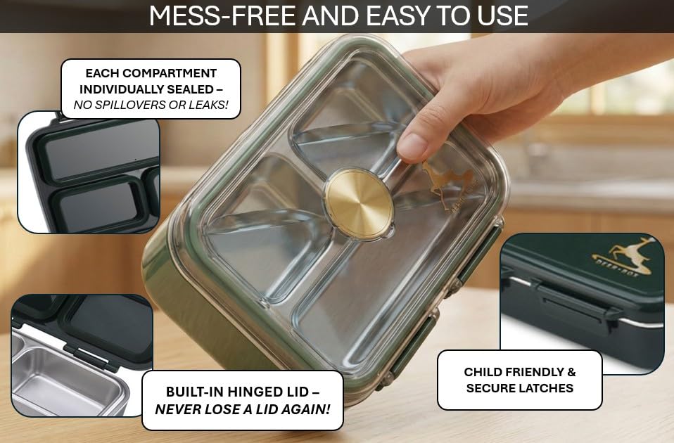 Stainless Steel Bento Box with Vacuum-Seal Valve (Leak-Proof) – 3-Compartment Medium Lunch Container (8.8" x 6.9") – Easy-Open Air Vent, Removable Tray & Spoon (Green)