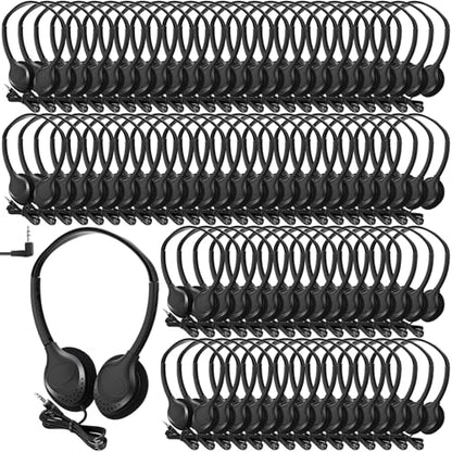 Hoteam 100 Pack Headphones for Classroom Bulk Students Adjustable Headphones Wired Pack Black Over the Head Earphones with 3.5 mm Plug for School Library Museums Charity Donate(Black,Novelty) - color: Black, style: Novelty