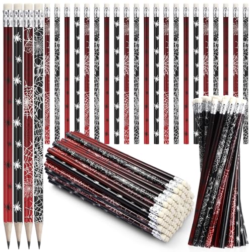 Teling 48 Pcs Spider Pencils Theme Party Favors Fun Spider Web Pencils in Bulk with Eraser Wooden Number 2 Graphite Stationery Kits for Students Back to School Classroom Birthday Supplies - style: Spider Theme