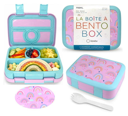 kinsho Kids Bento Lunch Box, Reusable Meal and Snack Container, Lunch Boxes for Small Girls & Toddlers Lunches, 4 Compartment - School, Daycare, Drop-Proof BPA Free, Purple Rainbow - color: Rainbow Bento