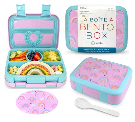 kinsho Kids Bento Lunch Box, Reusable Meal and Snack Container, Lunch Boxes for Small Girls & Toddlers Lunches, 4 Compartment - School, Daycare, Drop-Proof BPA Free, Purple Rainbow - color: Rainbow Bento