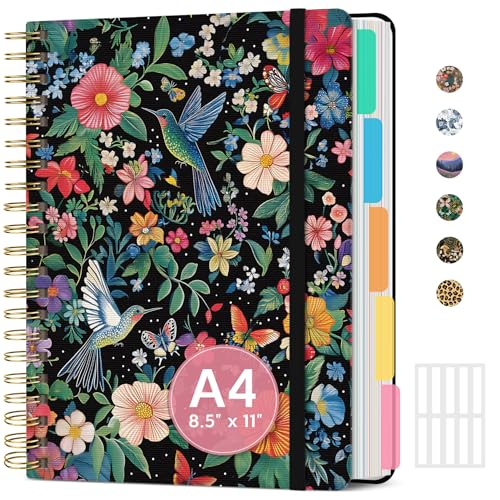 Large Spiral Notebook with Dividers & Tabs, 8.5" x 11" Hardcover 5 Subject Notebook for Work, 280 Pages, College Ruled, Cute Journal for Women, Perfect for Study & Office Note Taking, Hummingbird - color: G-Hummingbird