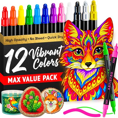 ARTISTRO 12 Precision Dual-Tip Acrylic Paint Markers – Paint Pens Set with Dot & Fine Tips for Fabric, Rock, Glass, Wood, Coloring Books – Arts & Crafts Gift – Classroom Must Haves & School Supplies - style: Multicolor