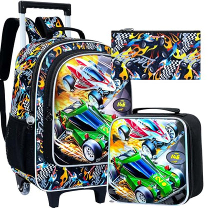 CCJPX 3Pcs Racing Car Rolling Backpack for Boys, 18" Kids Wheeled Bookbag with Lunch Box, Lightweight Roller School Bag for Elementary Preschool(Black) - color: Red Green Race Car