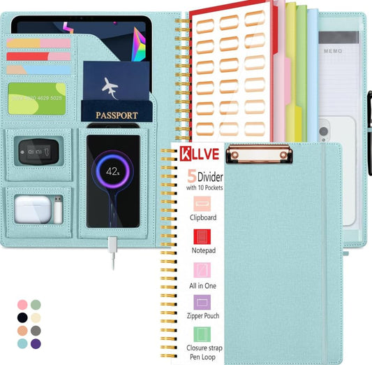 Blue Foldable Spiral Clipboard Folio with Storage Zipper Pouch, 5 Plastic Folders with Pockets,Refillable Lined Notepad (8.5" x 11"), Hardcover Project Organizer with 39 Stickers - color: Blue