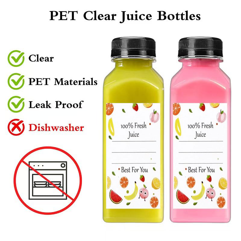 Plastic Juice Bottles with Caps 10pcs 12oz, Reusable Juice Containers with Black Tamper-Evident Lids, Clear Bottles for Juicing, Milk, Smoothie Bottle, Drinking with 10 Labels, Brush and Funnel