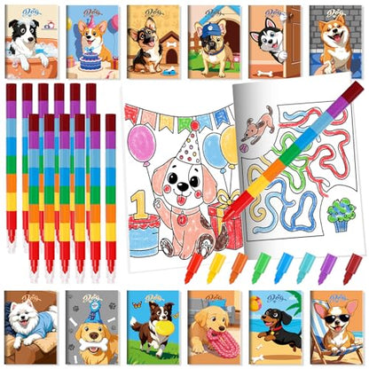 BenLouis 24 Dog Mini Coloring Books Kids with 24 Stacking Crayons Cute Puppy Party Favors Activity Books Bulk for Kids Pet Paw Goodie Bag Gift Stuffer Classroom Reward - style: Dog